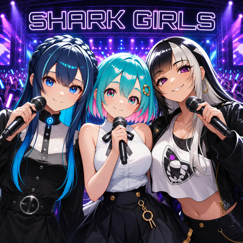 WE ARE SHARK GIRLS Shark Girls / シャークガールズ / Chicas Tiburón Japanese Music IP by Sharkey Shark Girls / シャークガールズ / Chicas Tiburón, a Japanese music IP by Sharkey featuring ocean-inspired characters, original songs, AI, sound, stories, and Art Pop.